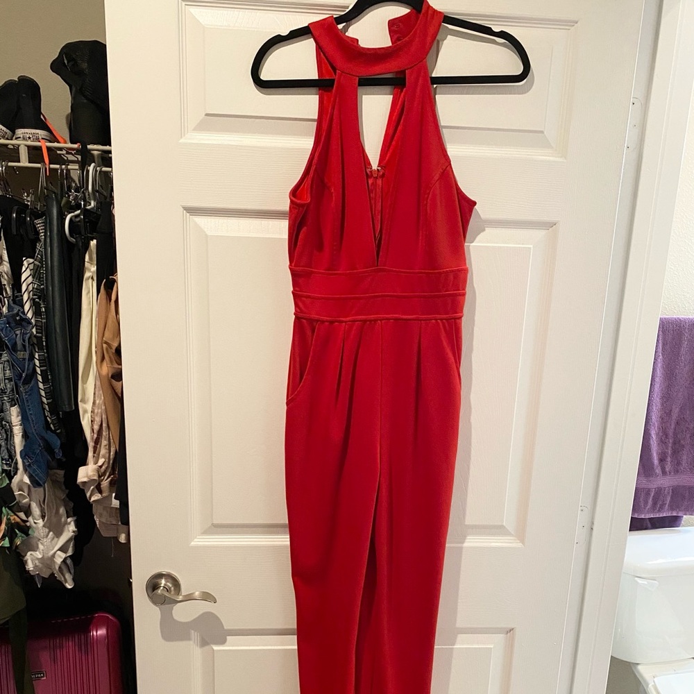 Open back red jumpsuit